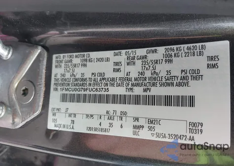 2015 Ford Escape Se from USA, damaged, VIN 1FMCU0G79FUC63735